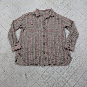 Free People Shirt Women's L Pink Beige Sand Stripe High Tide Button Down